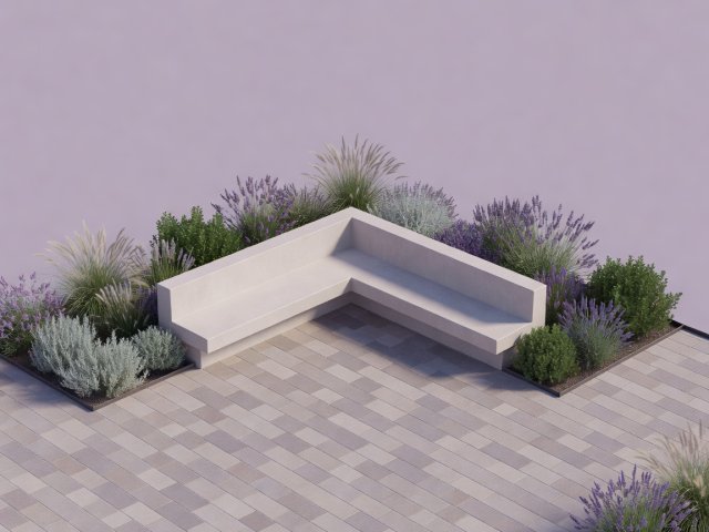 Soft-lit 3D render on a lilac background illustrating a 45-degree diagonal paving layout with built-in corner bench and perimeter planting beds