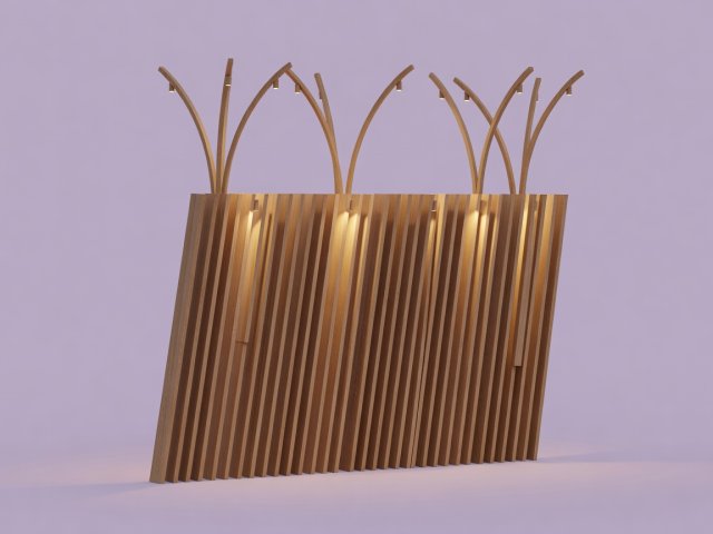 Soft-lit 3D render on a lilac background showing an angled slatted timber baffle screen paired with 2700K downward wash lighting and a multi-stem canopy