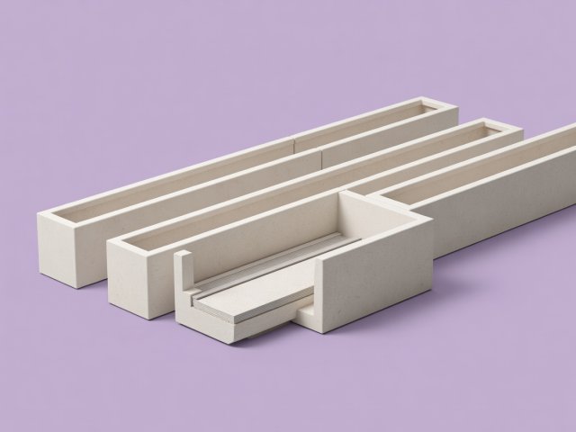 Soft-lit 3D object study on a lilac background showing modular fiberstone slimline troughs, a 90-degree corner planter, and an internal sub-irrigation reservoir cutaway