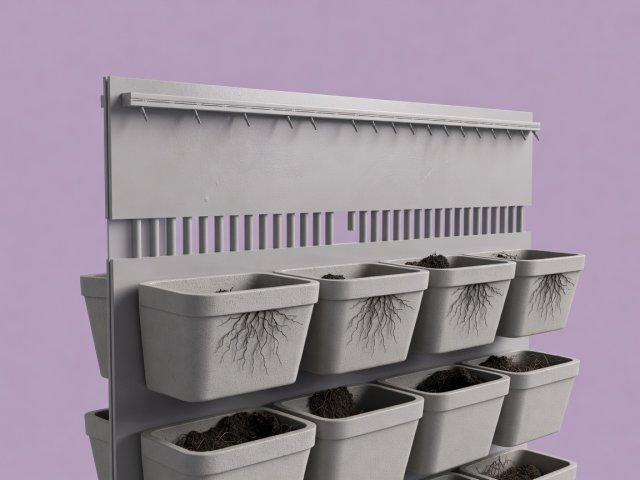 Soft-lit 3D technical render on a lilac background showing a vertical planter wall assembly with 35mm ventilated air gap, waterproof HDPE backing board, and integrated top drip line
